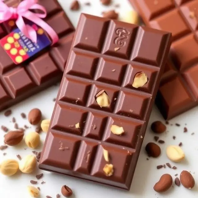 Dubai chocolate bars with roasted hazelnuts scattered on white surface with gift wrapped chocolate box