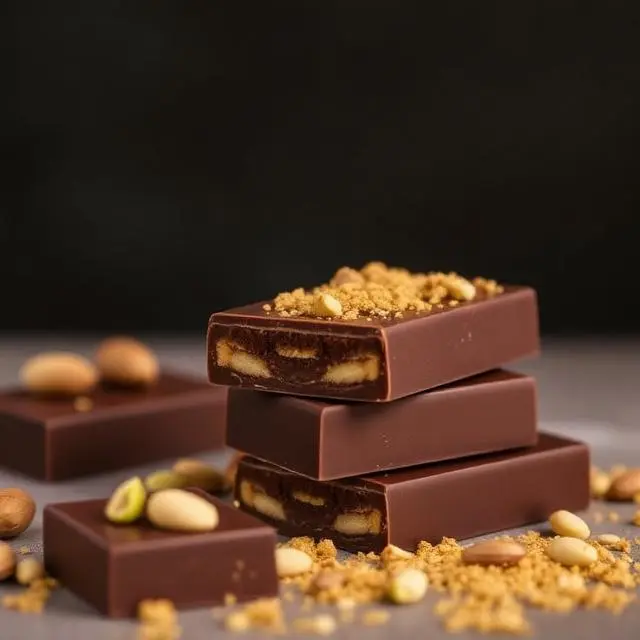 Dubai chocolate bar stack with pistachio nuts and golden crumble topping on dark background