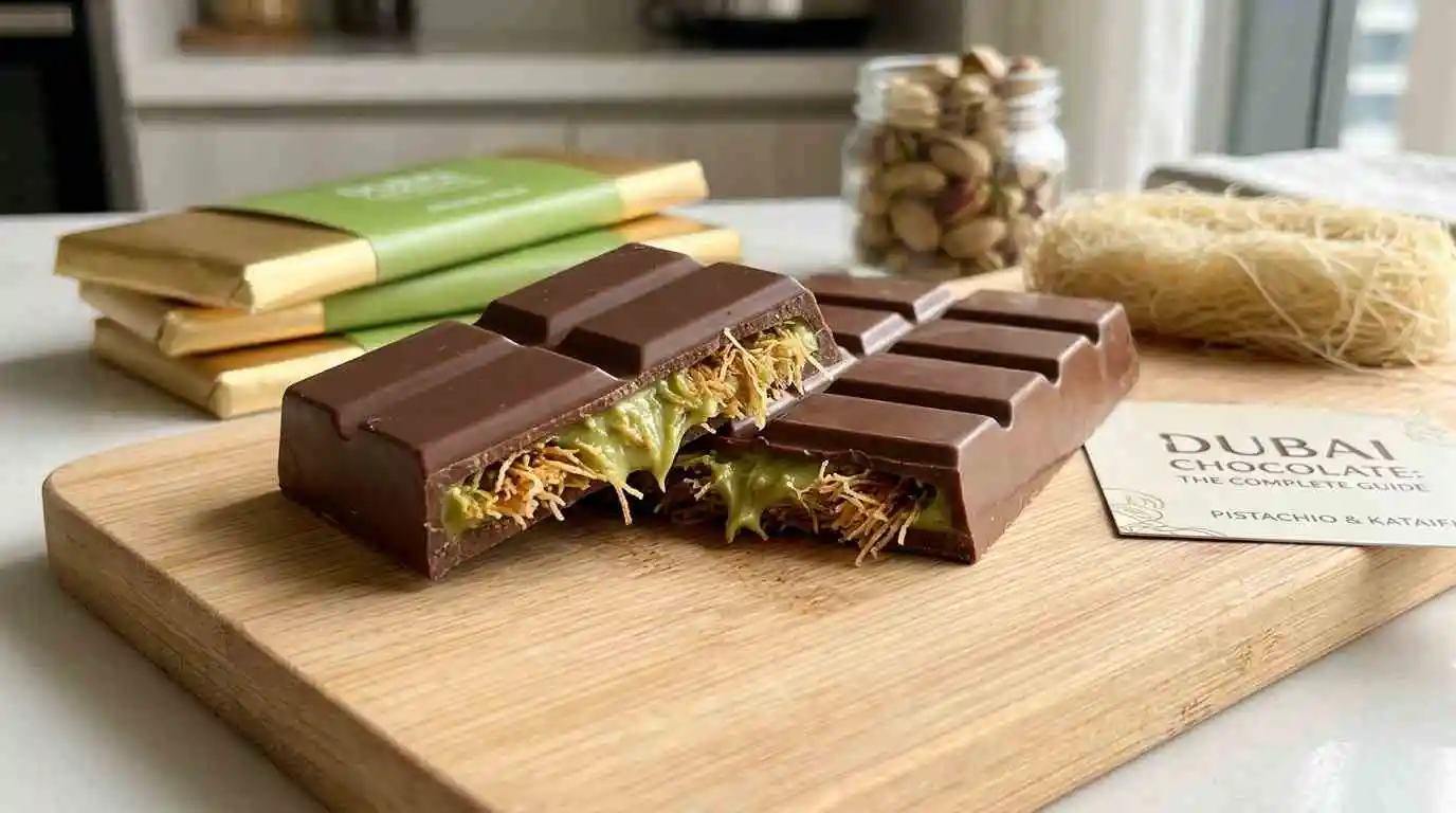 Dubai chocolate bar broken open showing pistachio cream and kataifi filling on wooden board