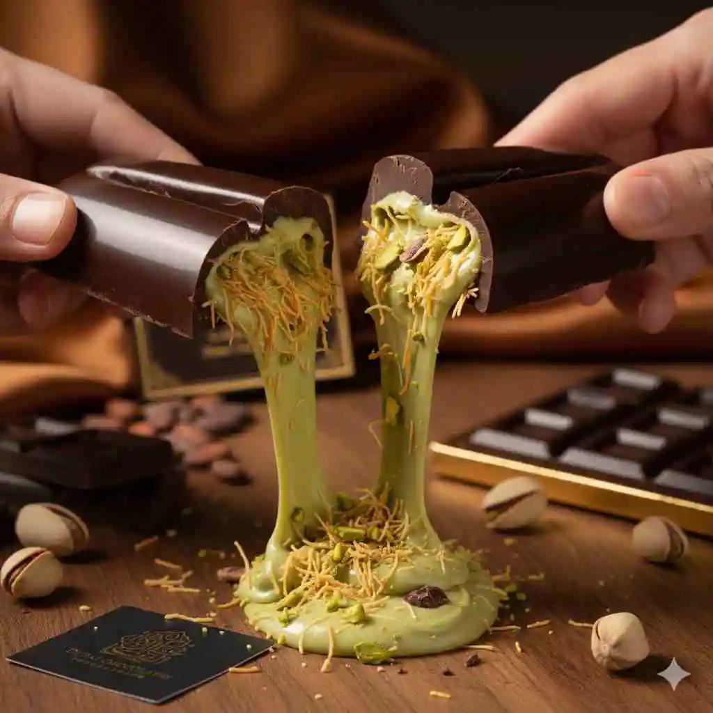Dubai chocolate bar being pulled apart showing stretchy pistachio cream and kataifi knafeh filling dripping out – viral fix dessert chocolatier style