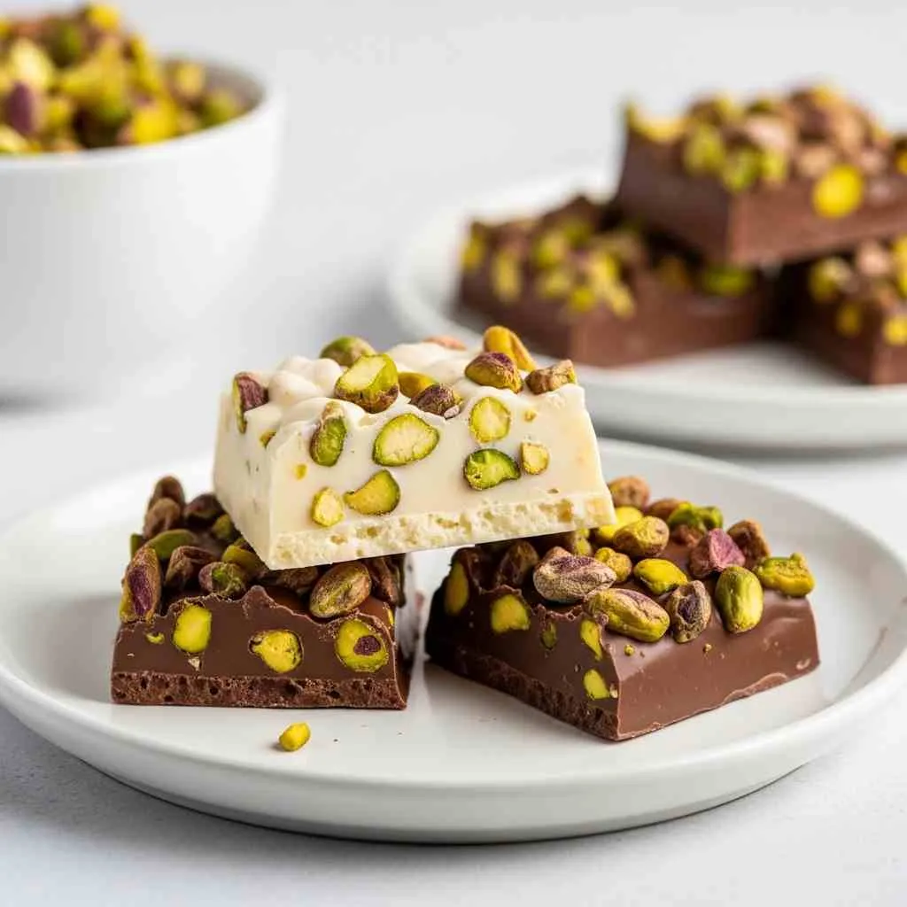 Dubai chocolate bar with pistachio nuts – white and milk chocolate pieces on plate