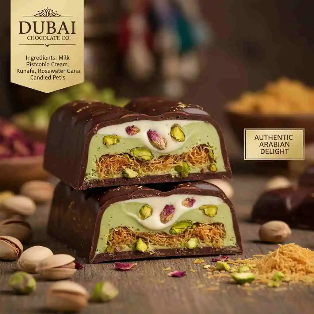 Dubai Chocolate Co bar cut open showing pistachio cream, kunafa kataifi, rosewater ganache and candied petals filling – authentic Arabian delight