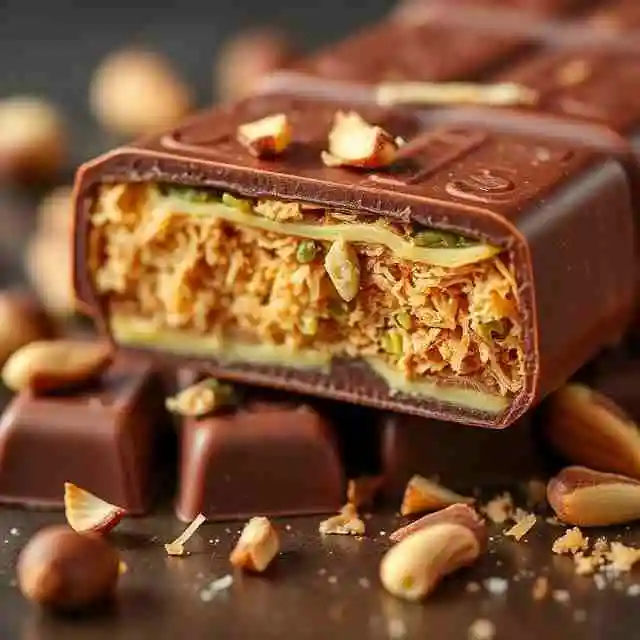 Dubai chocolate bar cut open showing thick kataifi knafeh and pistachio cream filling inside milk chocolate shell with nuts on dark background