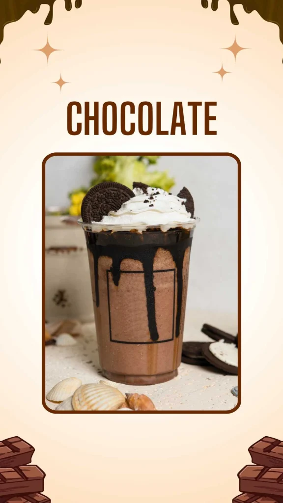 Dubai style chocolate shake in clear cup with thick dark chocolate drizzle and whipped cream Oreo garnish