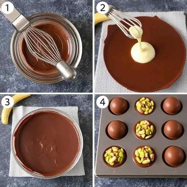 Dubai chocolate bar recipe step by step – melting chocolate, pouring into molds, filling with cream and topping with pistachios in 4 easy steps