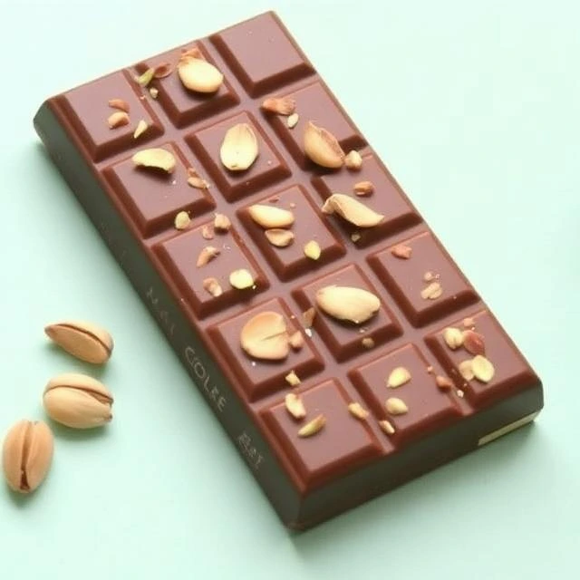 Dubai chocolate pistachio bar with whole and crushed pistachios on top – milk chocolate on light blue background