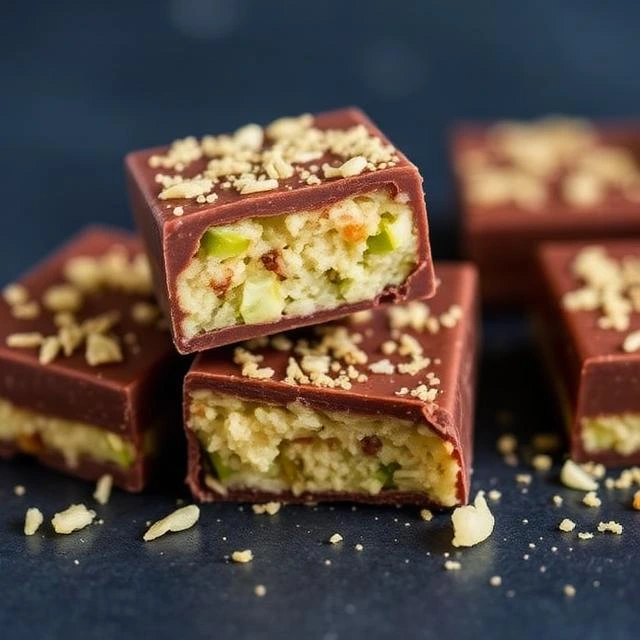 Dubai chocolate bar pieces filled with creamy pistachio center and topped with crunchy crumbs