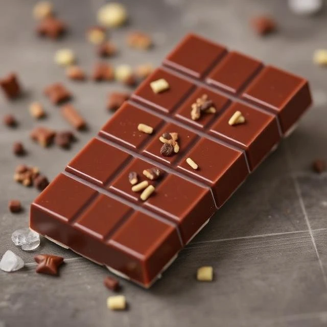 Dubai chocolate bar with mixed nut and caramel chip toppings on grey surface – premium milk chocolate