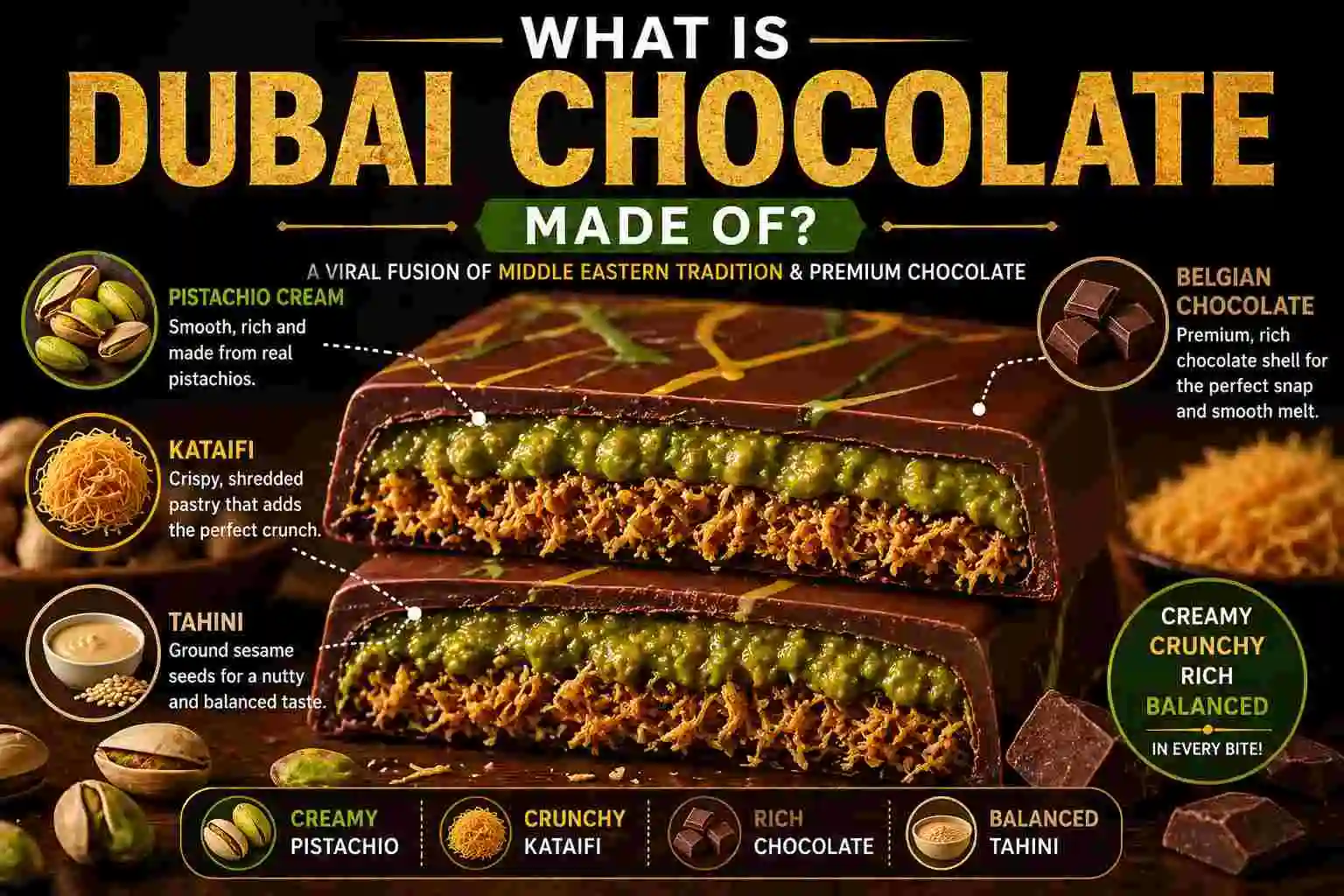Dubai chocolate ingredients including pistachio cream, kataifi pastry, tahini, and Belgian chocolate shown in a cut-open viral chocolate bar