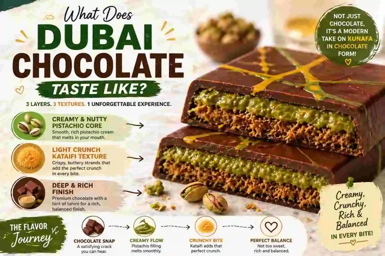 what does dubai chocolate taste like with pistachio cream filling, crispy kataifi layers and rich chocolate coating shown in cross section