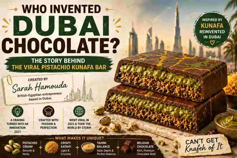 who invented dubai chocolate pistachio kunafa chocolate bar showing creamy filling and crispy kataifi layers inspired by original viral recipe