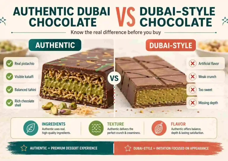 authentic dubai chocolate vs dubai-style chocolate comparison showing real pistachio filling, visible kataifi crunch, balanced tahini and imitation chocolate differences