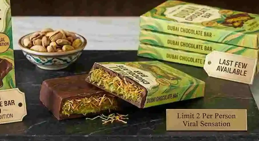 Dubai chocolate bar limited edition packaging with pistachio kataifi filling – last few available viral sensation limit 2 per person with pistachios in bowl