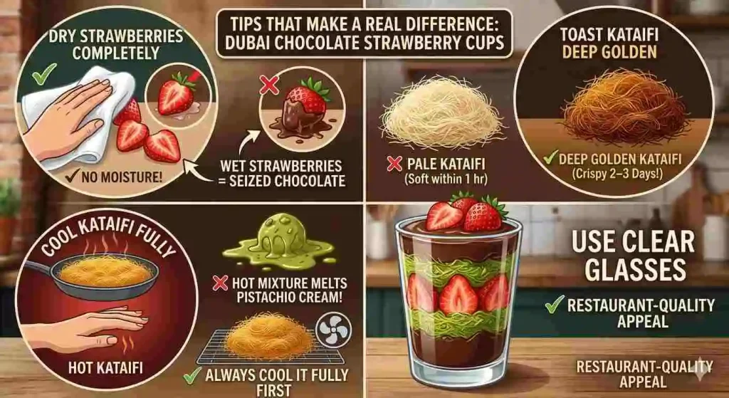 Dubai chocolate strawberry cups recipe tips infographic – dry strawberries, toast kataifi golden, cool before mixing pistachio cream and use clear glasses