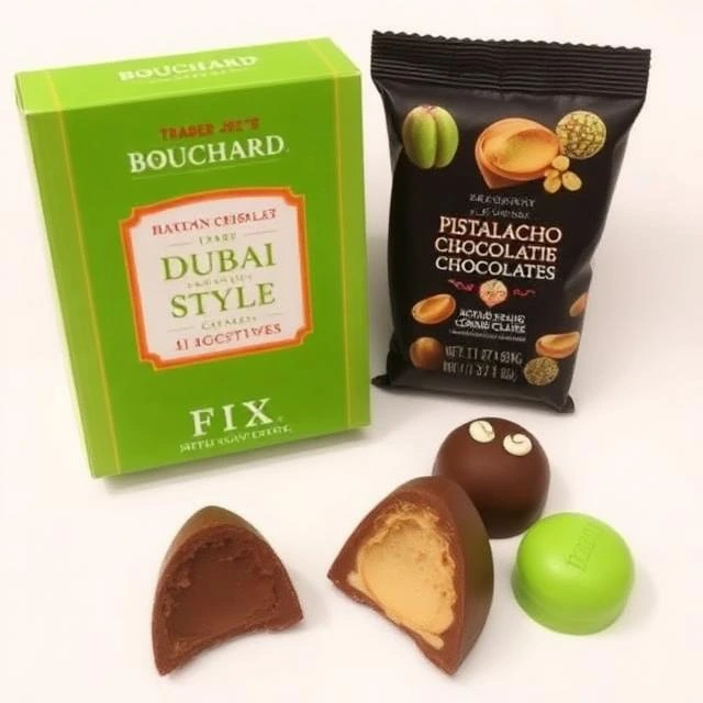 Dubai chocolate bar cut open showing pistachio cream filling inside milk chocolate shell on dark background