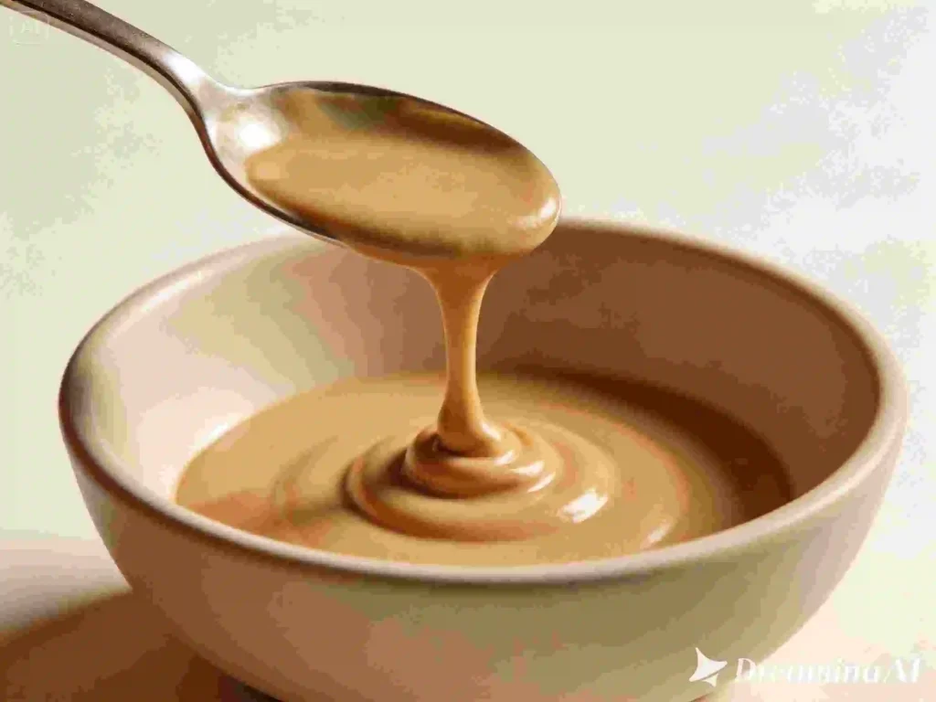 Smooth creamy pistachio tahini filling dripping from spoon into bowl – Dubai chocolate bar recipe ingredient close up
