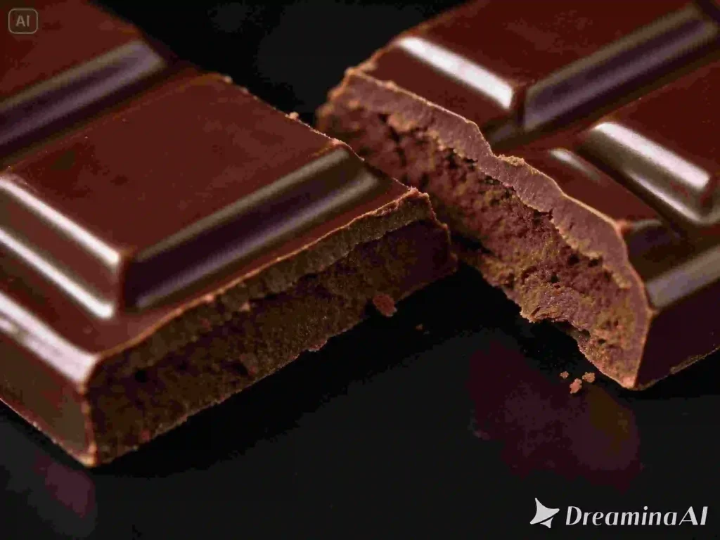 Dubai chocolate dark chocolate bar broken in half showing rich dense texture inside – glossy premium dark chocolate close up on black background