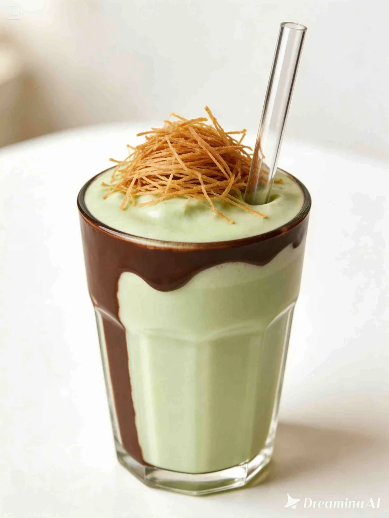 Dubai chocolate milkshake with pistachio cream and chocolate drizzle topped with golden kataifi knafeh – served with glass straw
