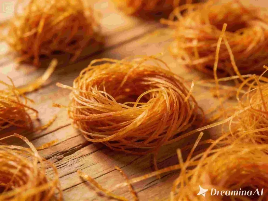 Golden toasted kataifi knafeh shredded pastry nests on wooden surface – key ingredient in Dubai chocolate bar filling