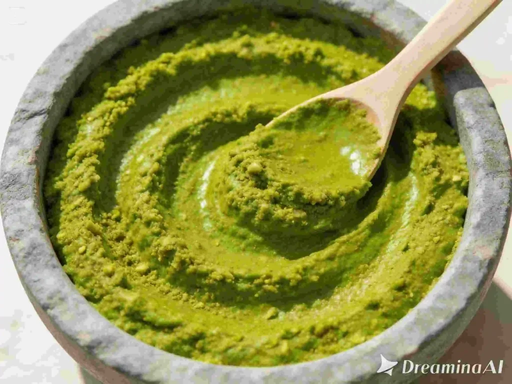 Fresh green pistachio cream paste in stone mortar with wooden spoon – key filling ingredient for Dubai chocolate bar recipe