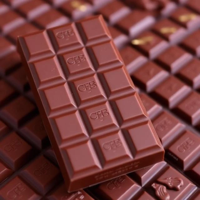 Dubai chocolate bars in bulk – multiple branded milk chocolate bars stacked showing chocolate factory production