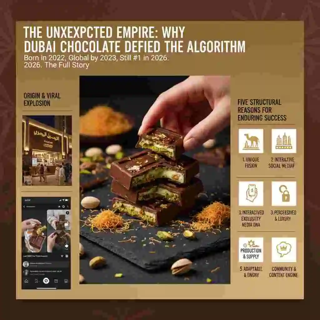 Why Dubai chocolate went viral infographic – origin story, fix dessert chocolatier shop, social media explosion and 5 reasons for global success since 2022