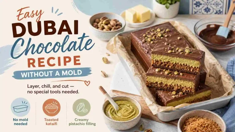 easy dubai chocolate recipe without a mold showing homemade pistachio kataifi chocolate bars layered in a baking tray with no special tools needed