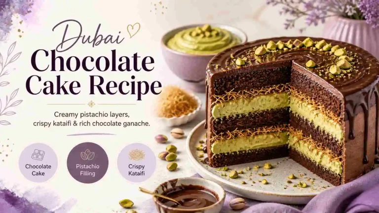 slice of Dubai chocolate cake with pistachio cream layers, crispy kataifi filling, and glossy chocolate ganache on top