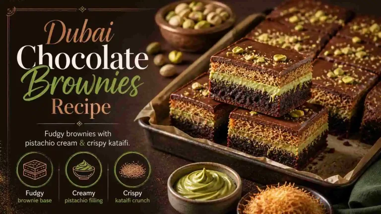 Dubai chocolate brownies stacked in a tray with fudgy chocolate layers, creamy pistachio filling, and crispy kataifi on top