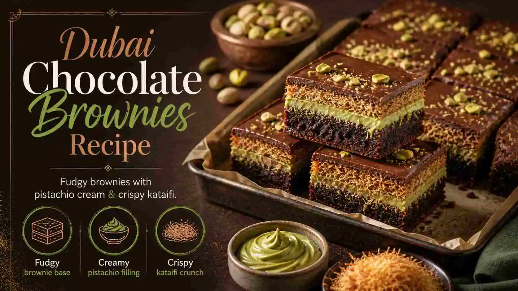 Dubai chocolate brownies stacked in a tray with fudgy chocolate layers, creamy pistachio filling, and crispy kataifi on top