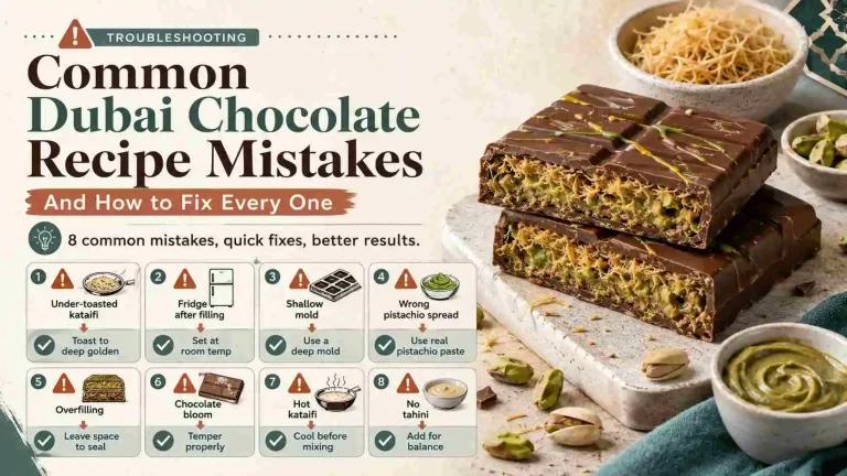 common Dubai chocolate recipe mistakes infographic showing under-toasted kataifi, wrong pistachio spread, chocolate bloom, overfilling and quick fixes