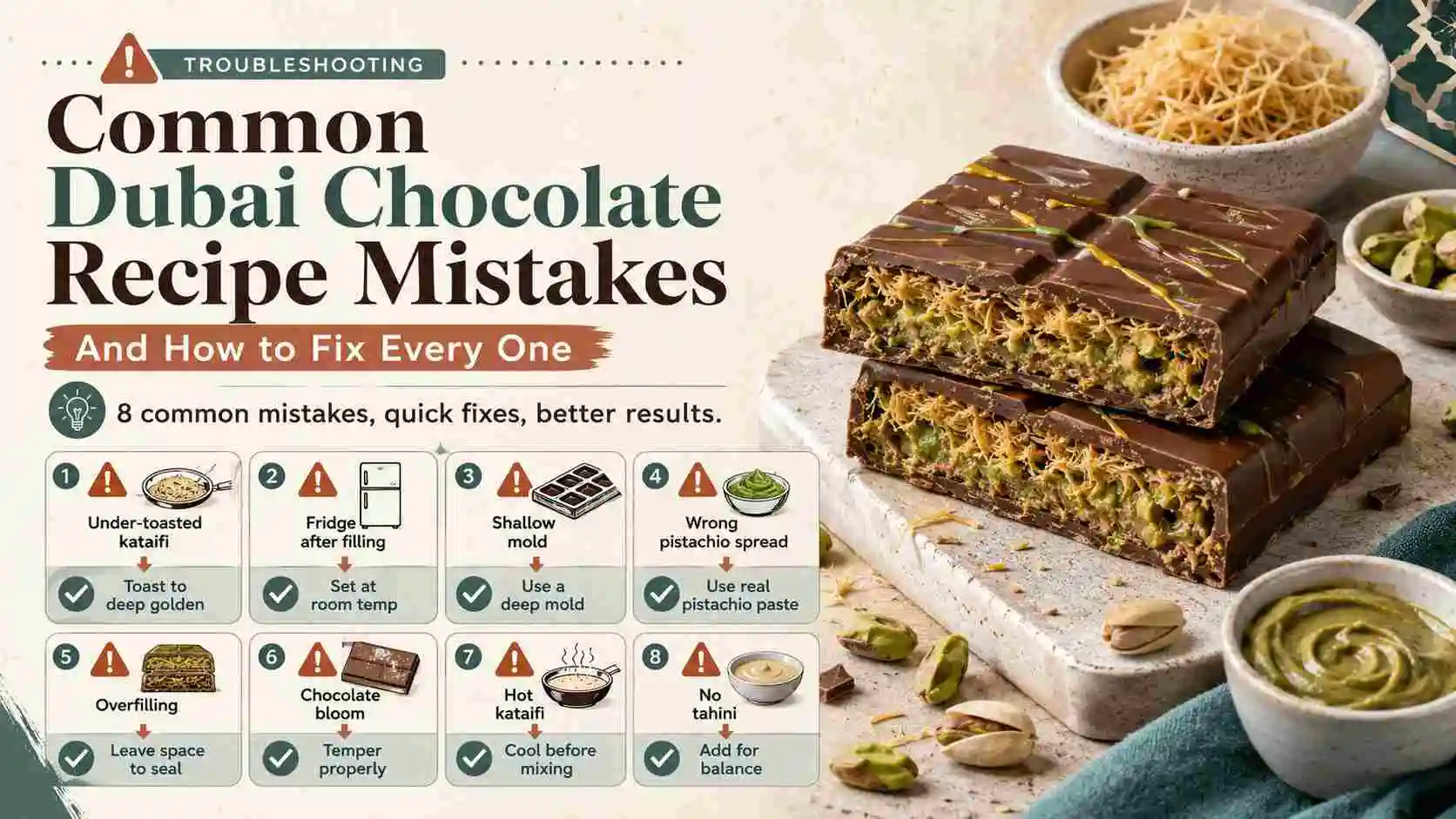 common Dubai chocolate recipe mistakes infographic showing under-toasted kataifi, wrong pistachio spread, chocolate bloom, overfilling and quick fixes