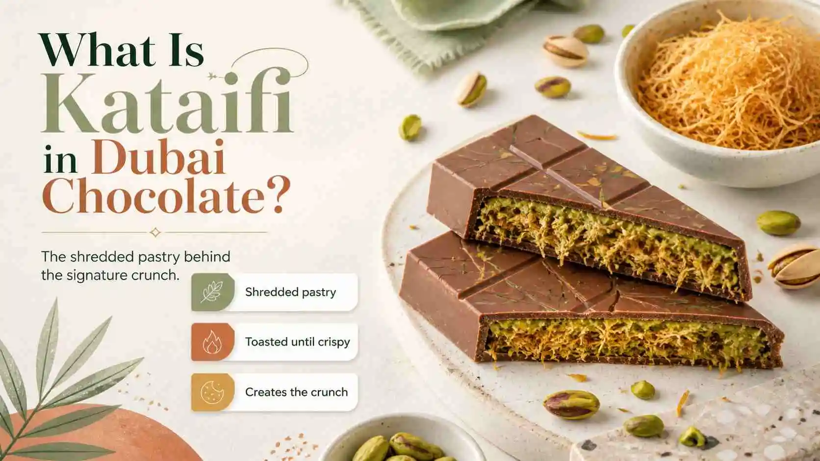 what is kataifi in dubai chocolate showing shredded toasted pastry inside a pistachio-filled chocolate bar for the signature crunch