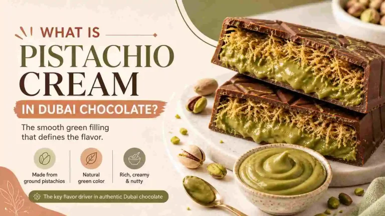 what is pistachio cream in dubai chocolate showing smooth green pistachio filling inside a crispy chocolate bar with kataifi layers