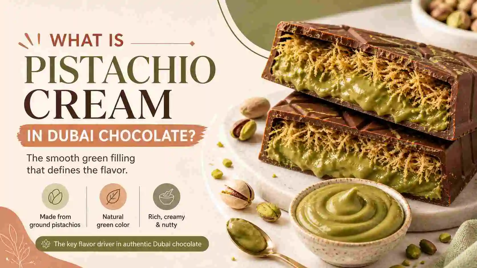what is pistachio cream in dubai chocolate showing smooth green pistachio filling inside a crispy chocolate bar with kataifi layers