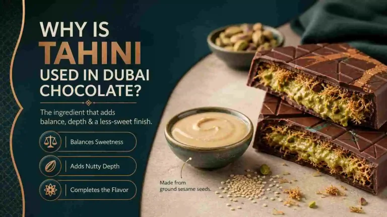 why is tahini used in dubai chocolate showing sesame paste with pistachio-filled chocolate bar to explain balance, depth and reduced sweetness